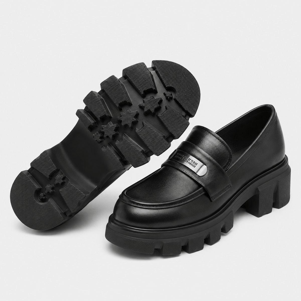 Ma boutique Womens Black Vintage Chunky Loafers – Genuine Leather Platform Height Increasing Shoes