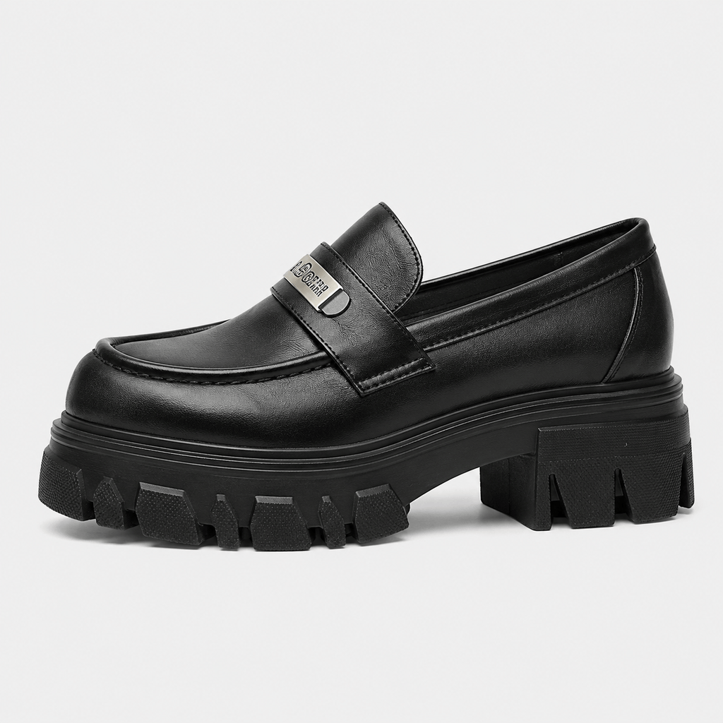 Ma boutique Womens Black Vintage Chunky Loafers – Genuine Leather Platform Height Increasing Shoes