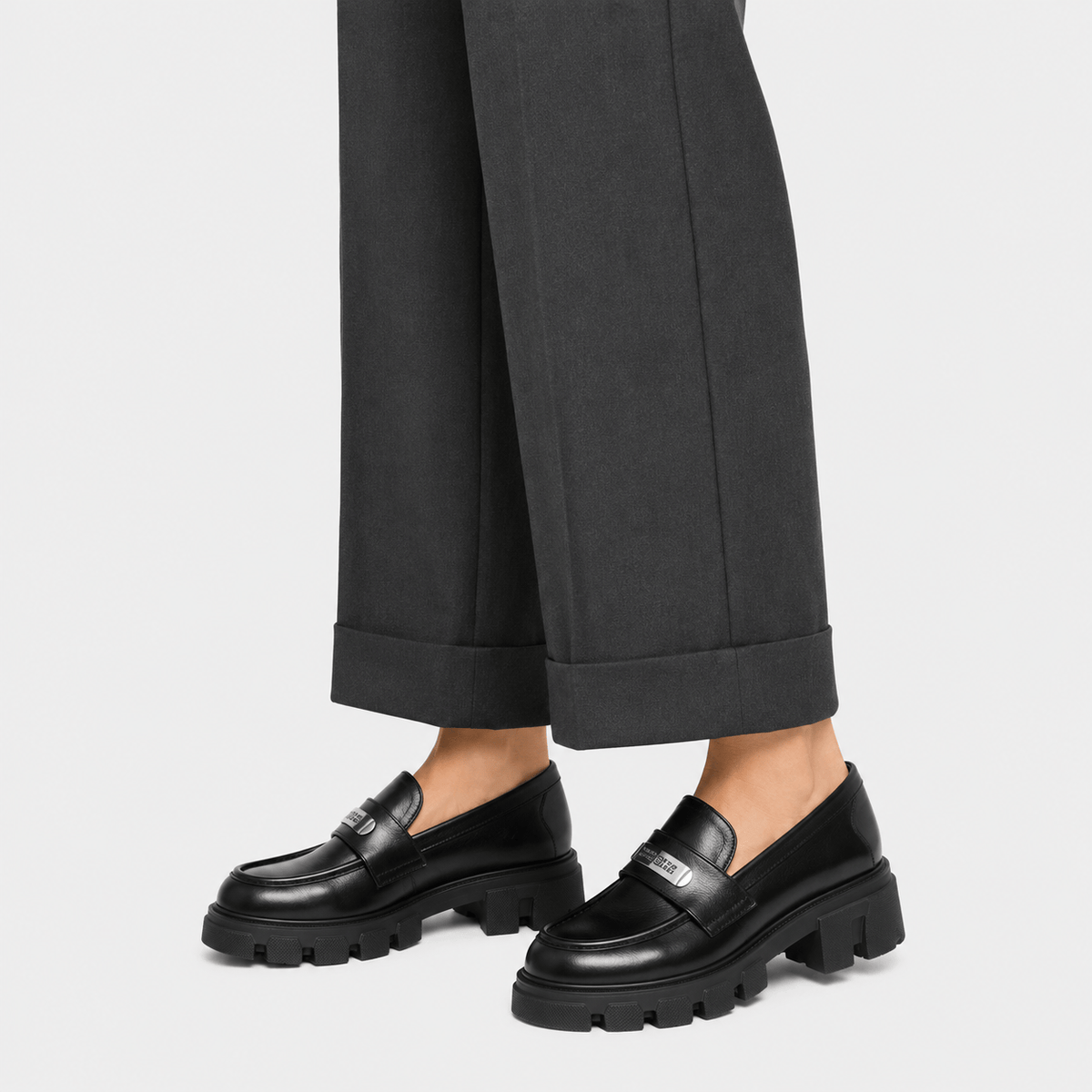 Ma boutique Womens Black Vintage Chunky Loafers – Genuine Leather Platform Height Increasing Shoes