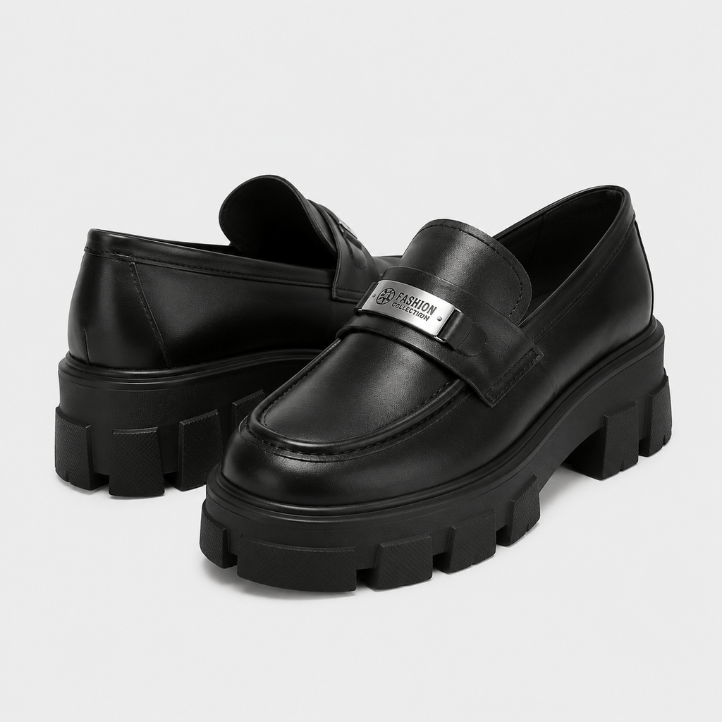 Ma boutique Womens Black Vintage Chunky Loafers – Genuine Leather Platform Height Increasing Shoes