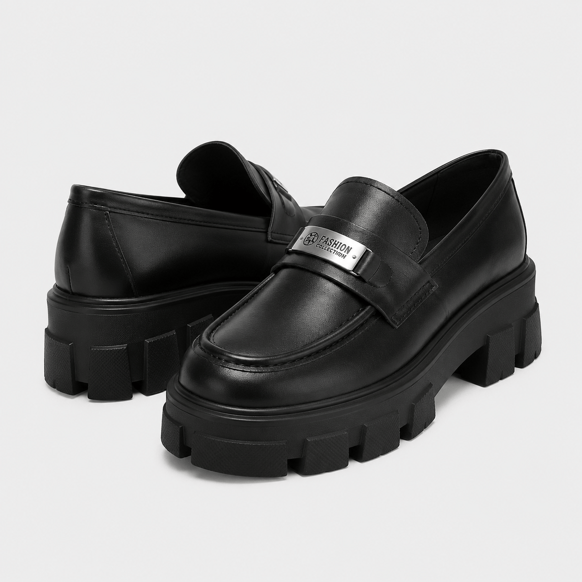 Ma boutique Womens Black Vintage Chunky Loafers – Genuine Leather Platform Height Increasing Shoes