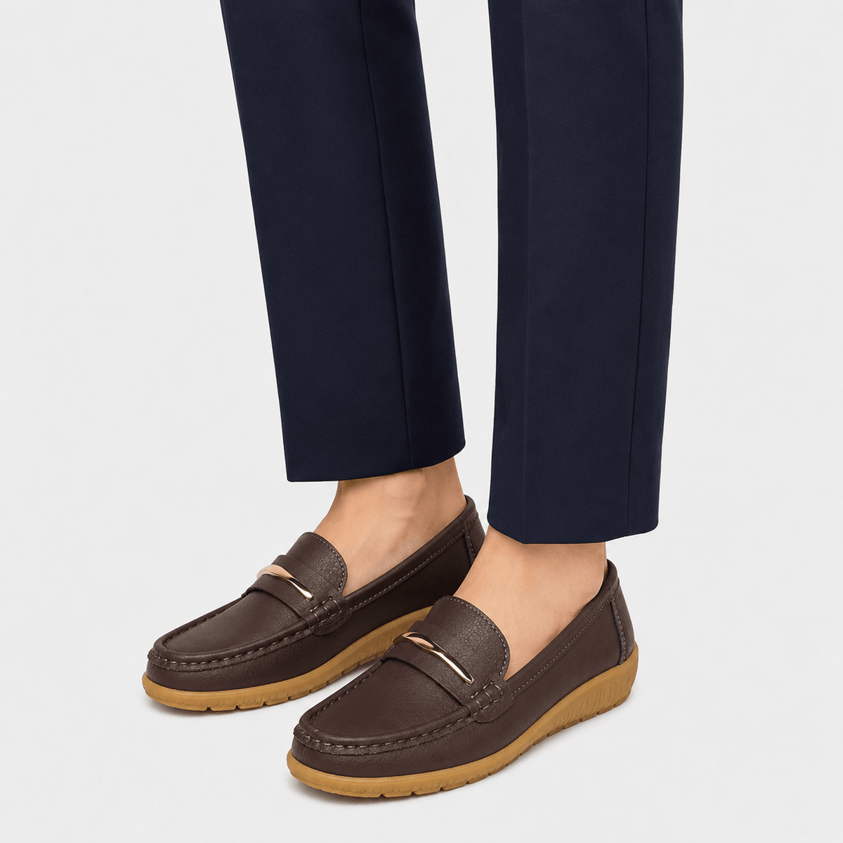 Ma boutique Womens Brown Genuine Leather Loafers – Black Comfortable Slip-On Flat Shoes for Spring & Autumn