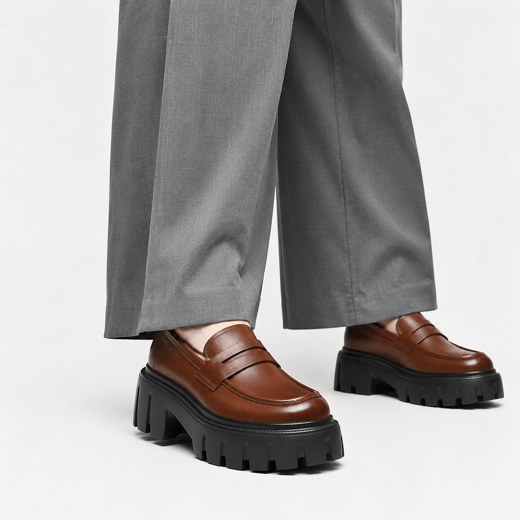 Ma boutique Womens Brown Genuine Leather Platform Loafers – Chunky Sole Round Toe Slip-On Shoes