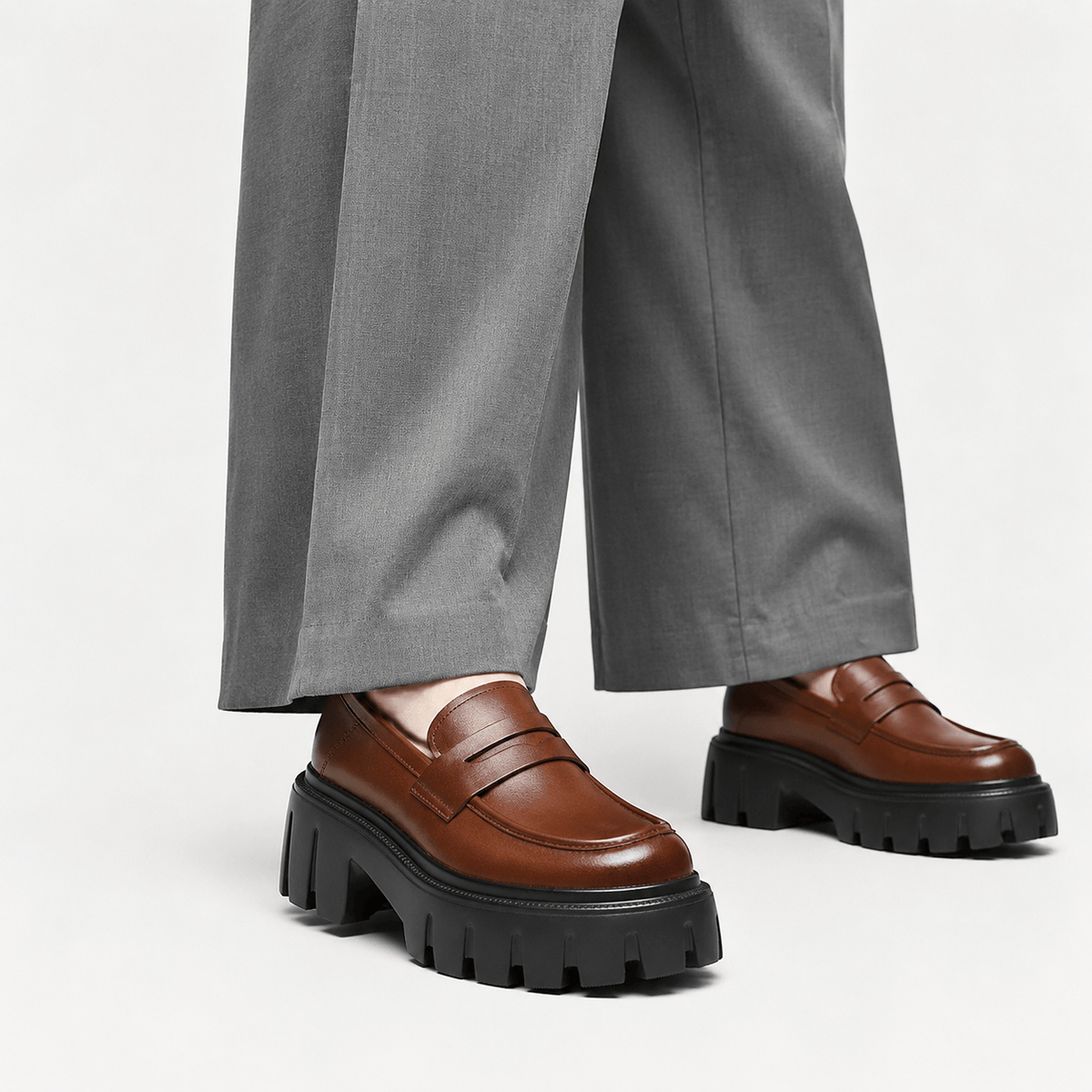 Ma boutique Womens Brown Genuine Leather Platform Loafers – Chunky Sole Round Toe Slip-On Shoes