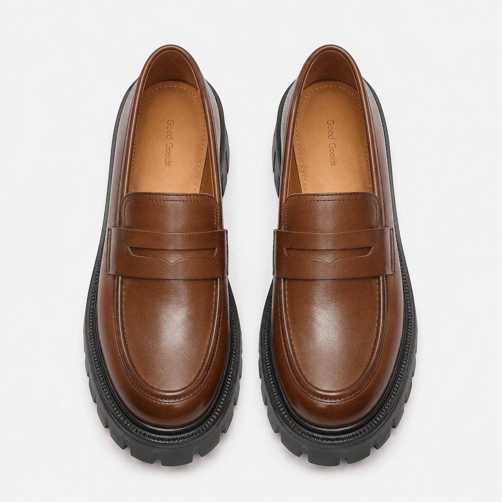 Ma boutique Womens Brown Genuine Leather Platform Loafers – Chunky Sole Round Toe Slip-On Shoes