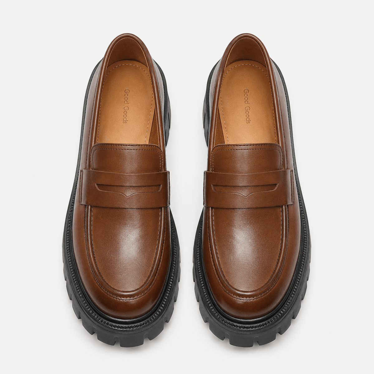 Ma boutique Womens Brown Genuine Leather Platform Loafers – Chunky Sole Round Toe Slip-On Shoes