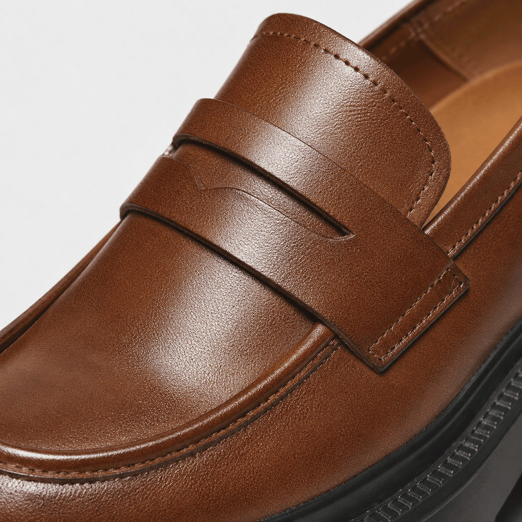 Ma boutique Womens Brown Genuine Leather Platform Loafers – Chunky Sole Round Toe Slip-On Shoes