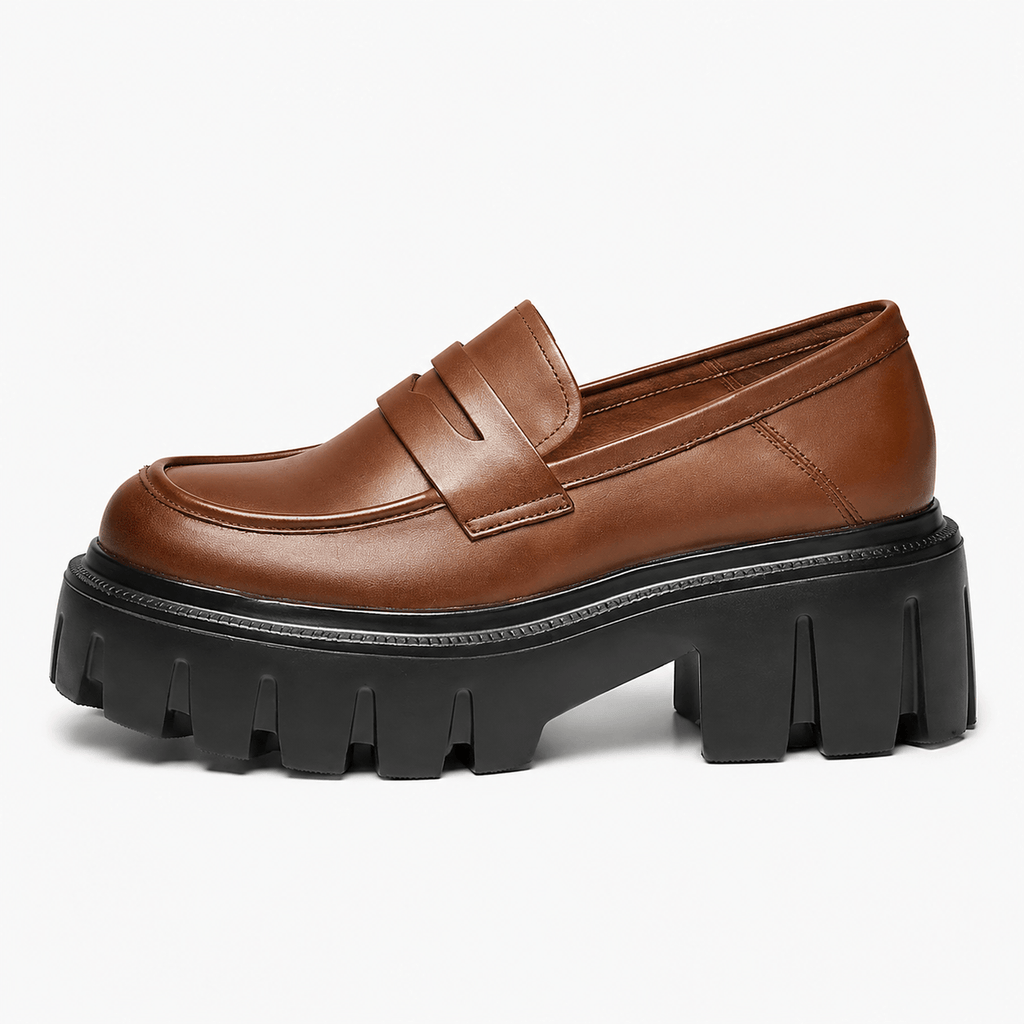 Ma boutique Womens Brown Genuine Leather Platform Loafers – Chunky Sole Round Toe Slip-On Shoes