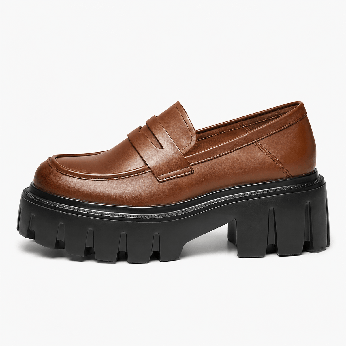 Ma boutique Womens Brown Genuine Leather Platform Loafers – Chunky Sole Round Toe Slip-On Shoes