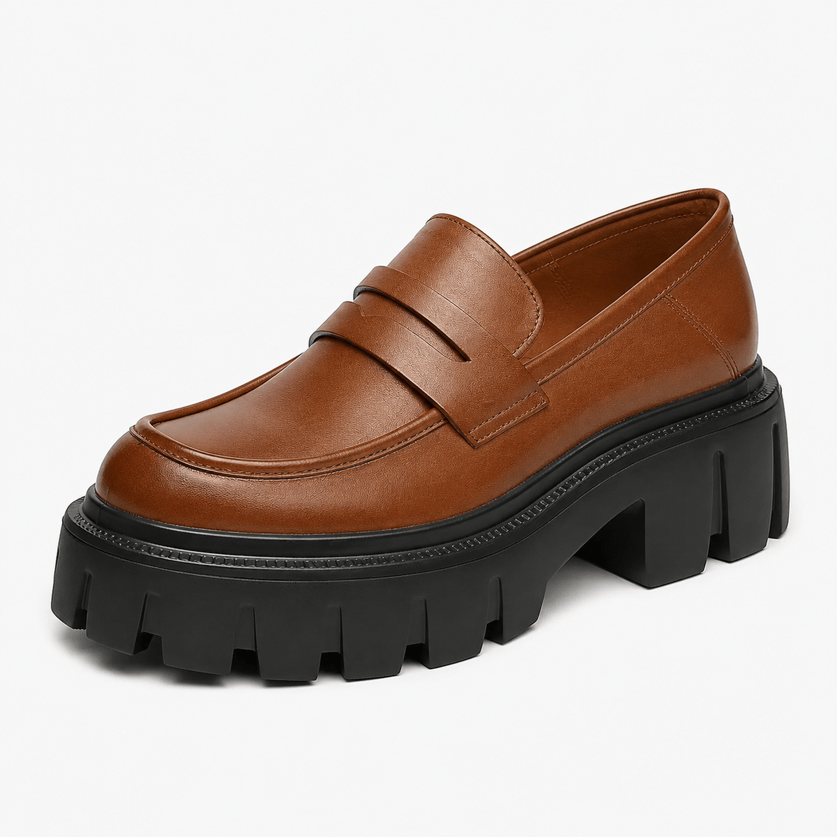Ma boutique Womens Brown Genuine Leather Platform Loafers – Chunky Sole Round Toe Slip-On Shoes