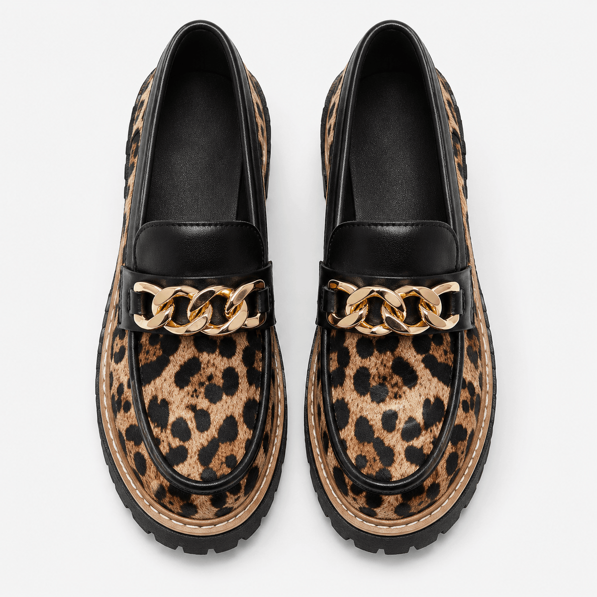 Ma boutique Womens Leopard Suede Chunky Loafers – Metal Decoration Round Toe Casual Flat Shoes