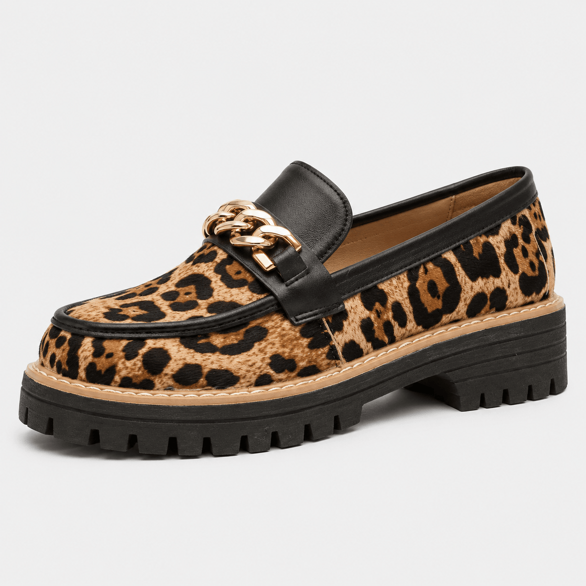 Ma boutique Womens Leopard Suede Chunky Loafers – Metal Decoration Round Toe Casual Flat Shoes