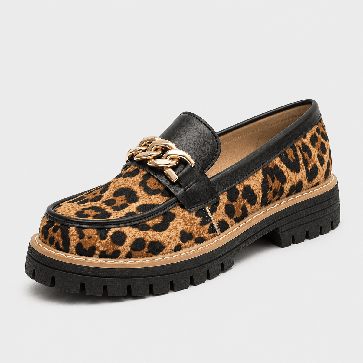 Ma boutique Womens Leopard Suede Chunky Loafers – Metal Decoration Round Toe Casual Flat Shoes